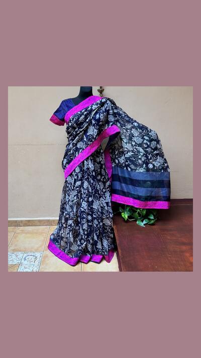 Dark blue-magenta viscose sari with a collar, on sale