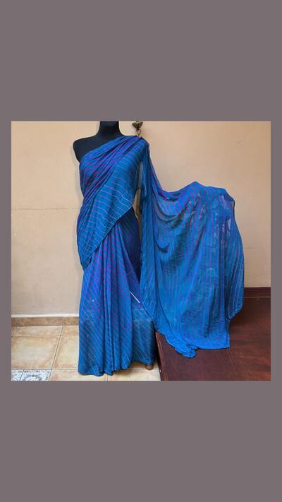 Blue viscose sari with red diagonal stripes
