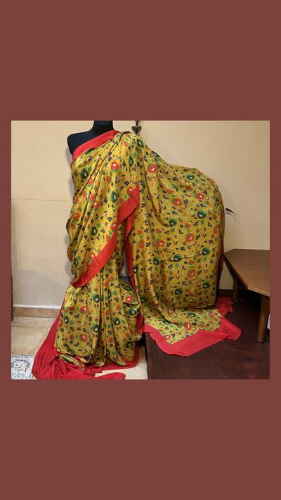 Silk sari in mustard red and green, with fabric for the choli
