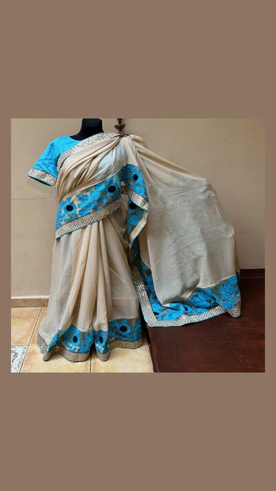 Beige and blue viscose sari with a blouse/choli