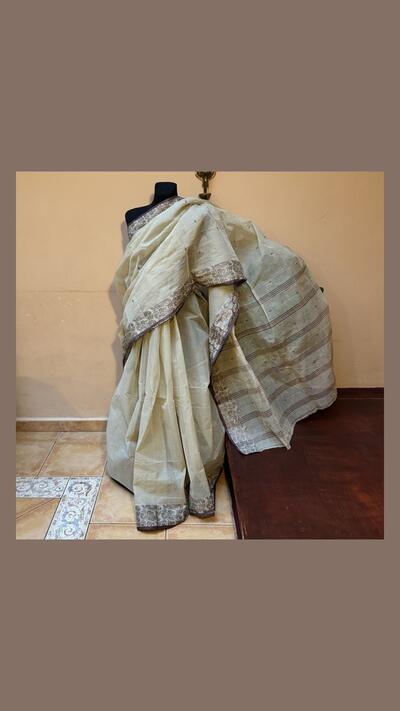 Cotton-polyester sari, beige and brown