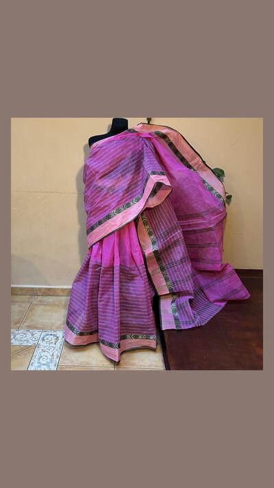 Cotton-polyester sari, pink and green