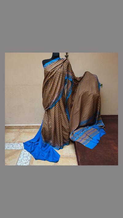 Orange and blue silk crepe sari with fabric for the choli