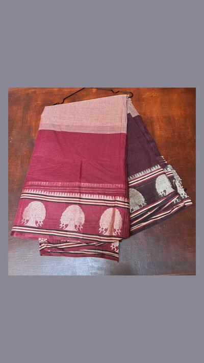 Cotton sari with woven pattern, burgundy / pink / green