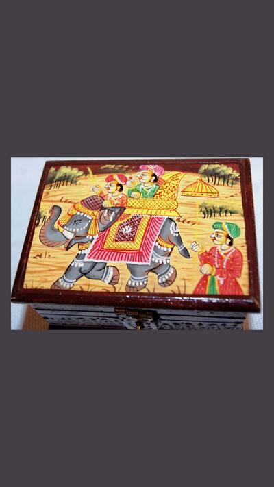 Painted box featuring an elephant and people, 10 x 5.5 x 7.5 cm