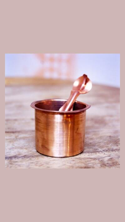 Copper A-shaped cup with a small spoon, diameter 4.8 cm