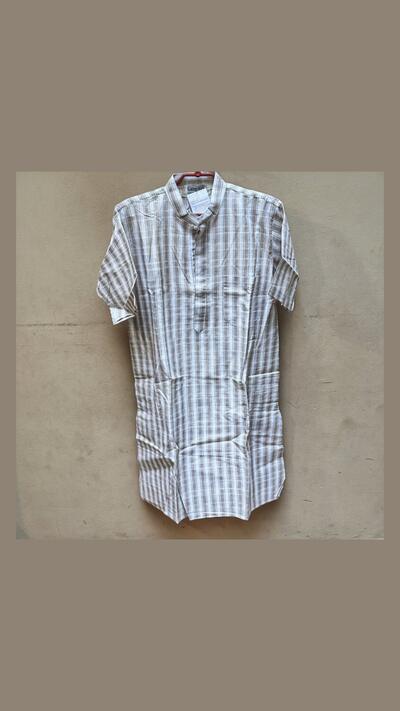 Men’s striped jacket, stand-up collar, short sleeves, beige, S/M