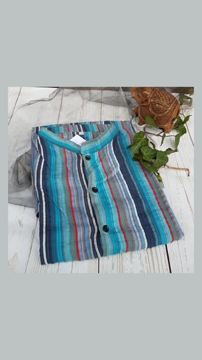 Men’s green striped jacket, stand-up collar, short sleeves