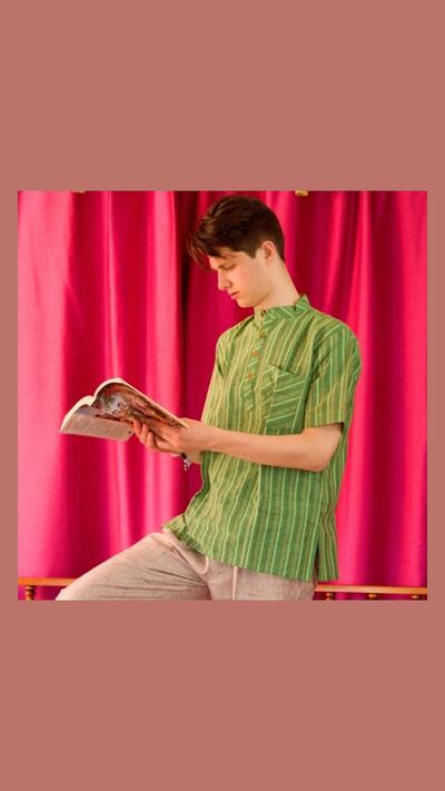 Men’s striped jacket, stand-up collar, short sleeves