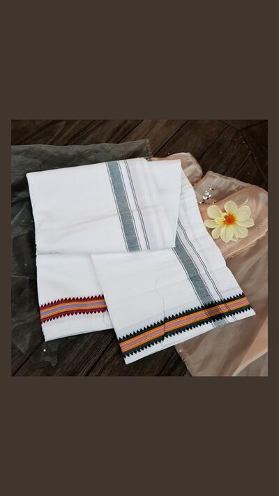 Two stripes of dhoti, with a border featuring burgundy and green spikes