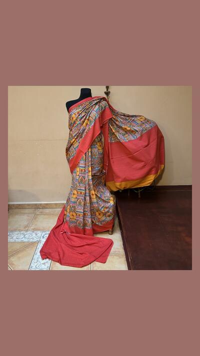 Red-orange silk crepe sari with fabric for the choli