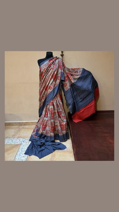 Red and grey silk crepe sari with fabric for the choli