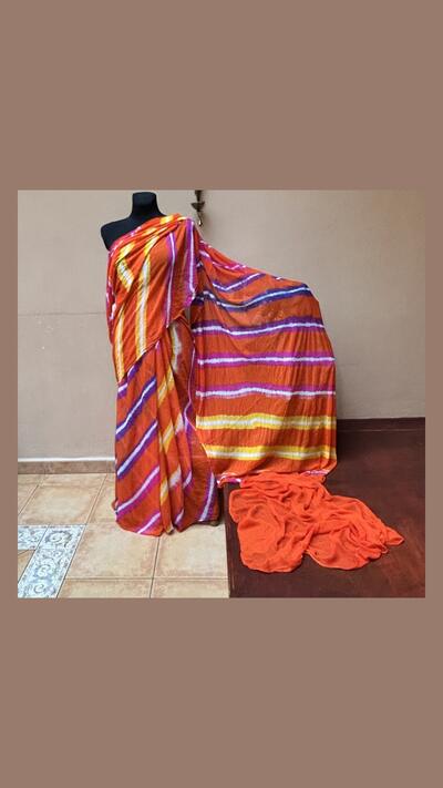 Orange-yellow-purple viscose sari with fabric for the choli