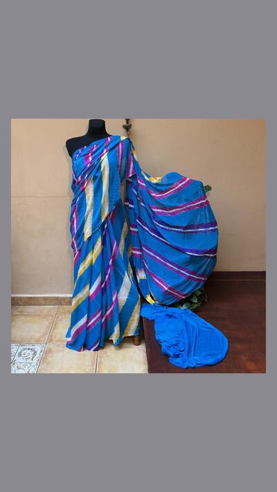 Blue, yellow and purple viscose sari with fabric for the choli