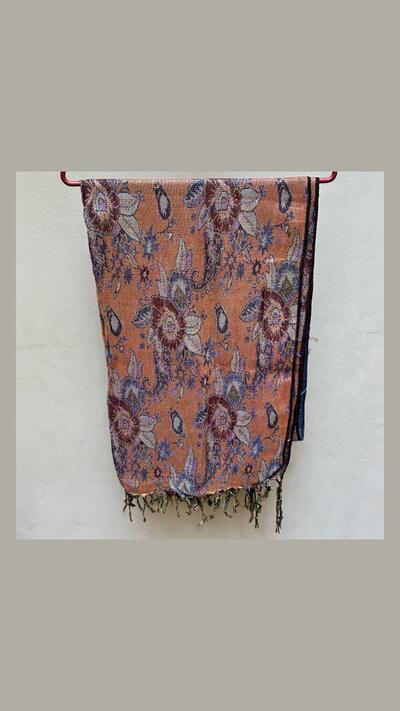 Floral-patterned shawl, 20% wool, brown/green