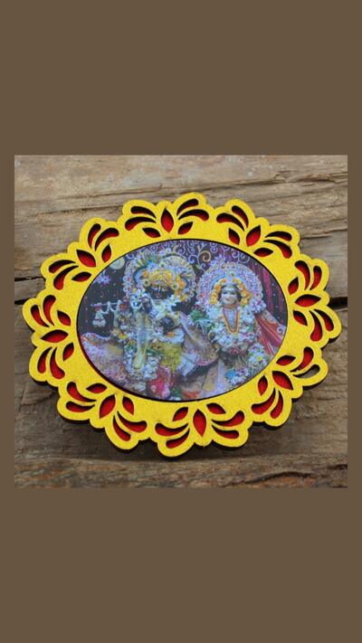 Wooden sticker featuring Krishna and Radha