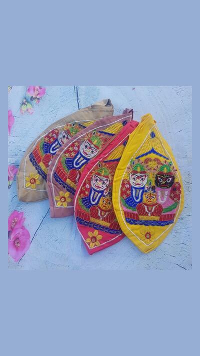 Japa pouch featuring Jagannath, Baladev and Subhadra, embroidered