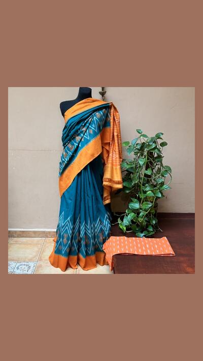 Hand-printed cotton sari in green and orange with a choli