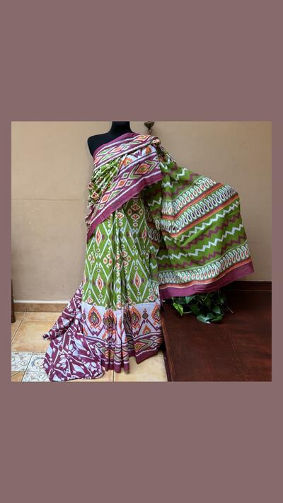 Hand-printed cotton sari in burgundy, green and orange with fabric for the choli