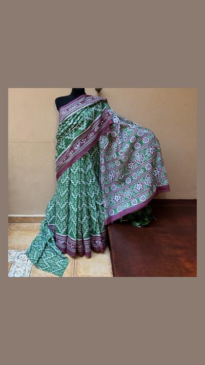 Hand-printed cotton sari in burgundy and green, with fabric for the headpiece