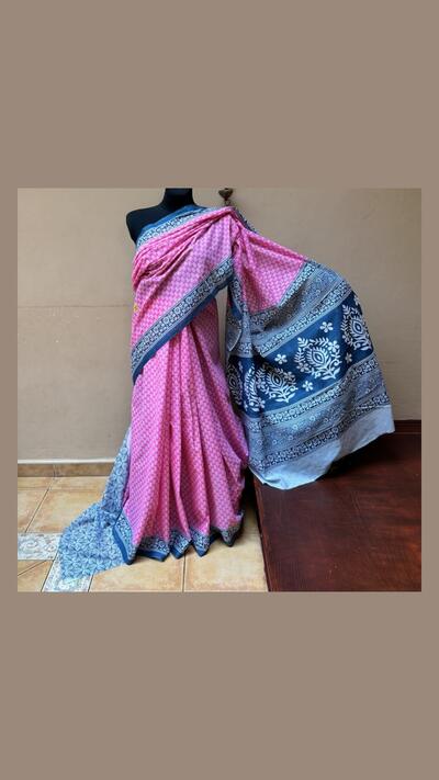 Hand-printed cotton sari in pink, blue and white, with fabric for the choli