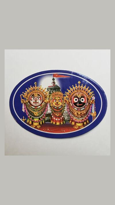Oval sticker featuring Jagannath, Subhadra and Baladev