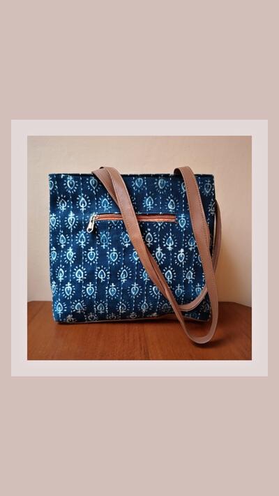 Blue and white handbag