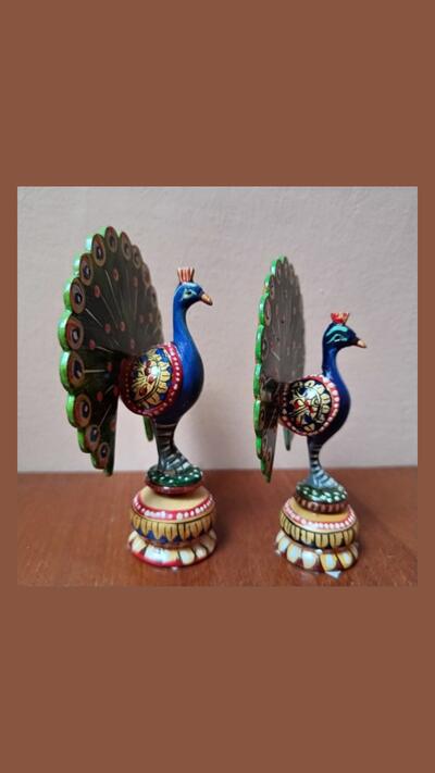 Peacock with spread tail feathers, 14 x 11 cm