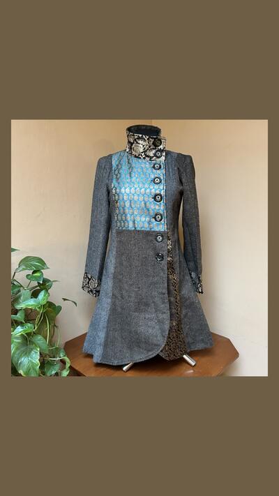 Tweed and brocade coat, 80% wool, 20% cotton, S/M