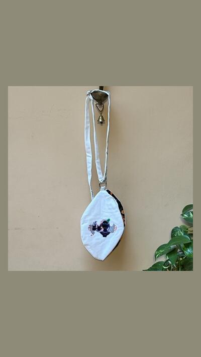White Krishna japa bag with a flute