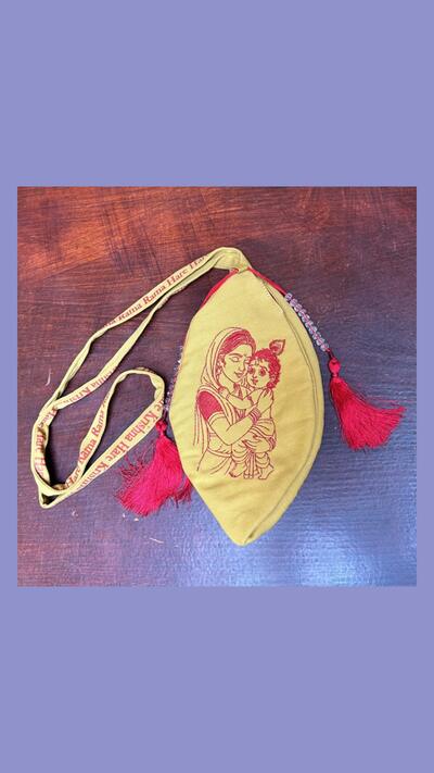 Japa pouch, embroidered, mustard-coloured, Krishna with Yasoda, sizes M, L