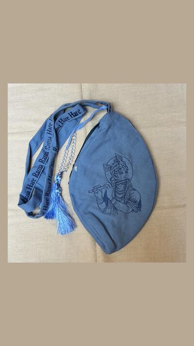 Blue embroidered Krishna japa bag with flute, sizes M, L