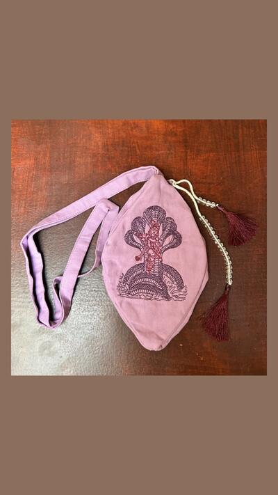 Japa pouch, embroidered with Krishna and Kaliya in lilac, sizes M and L