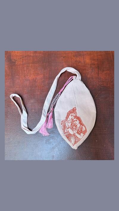 Pink embroidered Krishna and Radha japa bag, sizes M and L