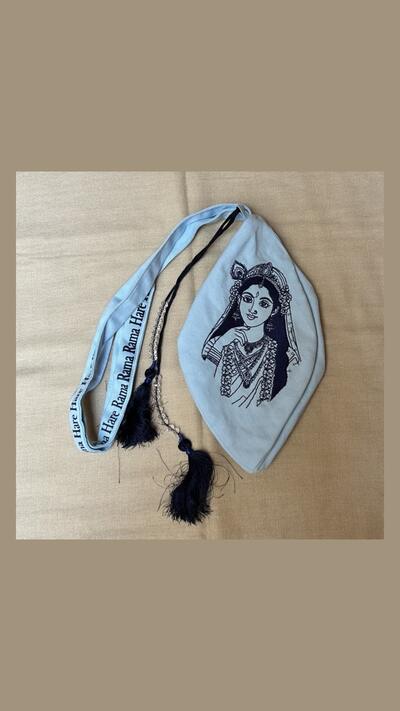 Japa bag, embroidered, pale blue Radharani, sizes M, L