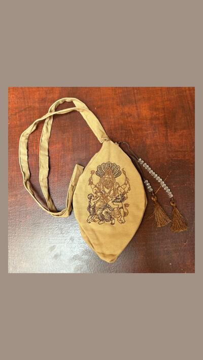 Brown embroidered Nrsimhadév japa bag, sizes M, L