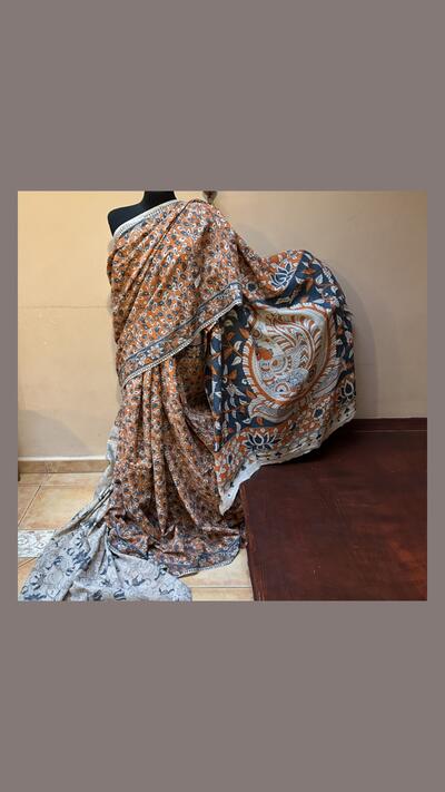 Kalamakari cotton sari in orange, petrol blue and beige, with a choli fabric