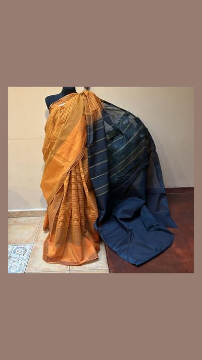 Orange and dark blue cotton sari