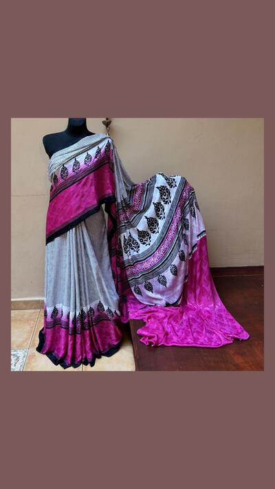 Dark pink, white and black viscose sari with fabric for the choli