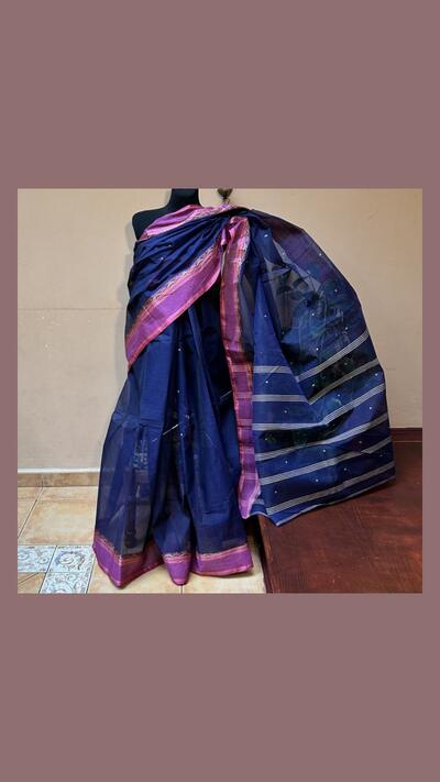 Sari, cotton, dark blue–dark pink–beige
