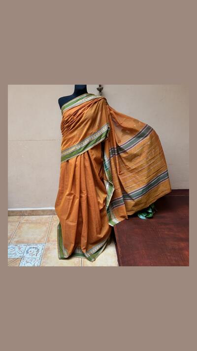 Mustard-green cotton sari with stripes