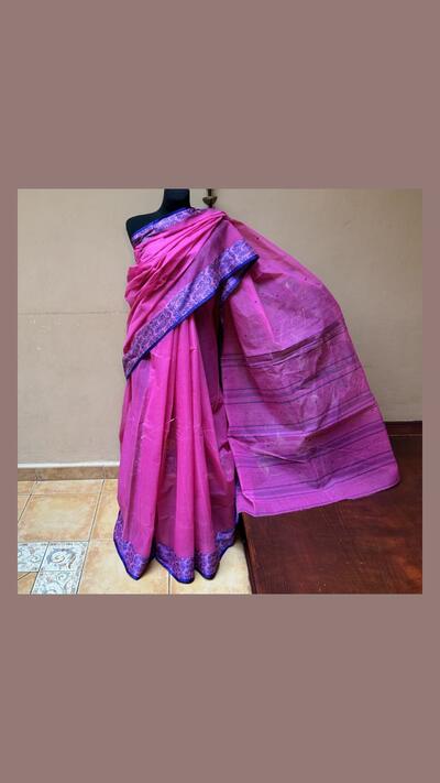 Cotton-polyester sari, pink and blue with stripes