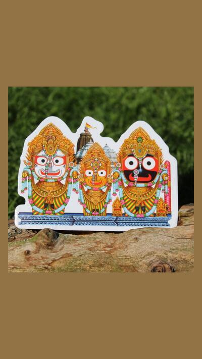 Larger sticker featuring Jagannath, Baladev and Subhadra
