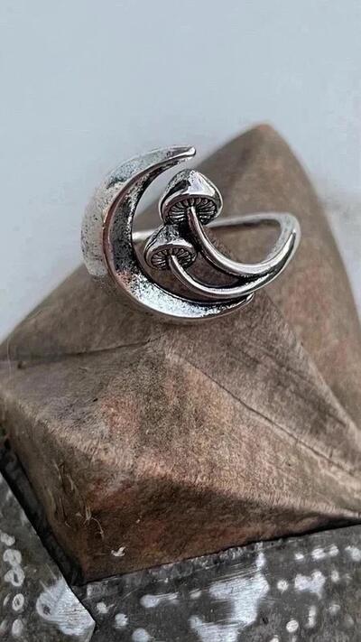 Forager Moon and Mushroom Ring | Boho Hippie Folkcore Vintage Silver Whimsical Goth Antique look