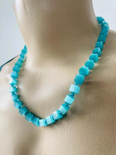 Vintage Translucent Aqua Glass Cube Necklace | Y2K Frosted Aquamarine Cube Beads