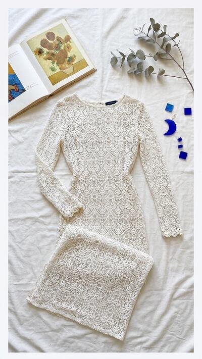 Crochet Lace Long Dress | Boho Wedding Bachelorette Bridal Shower Dress | Vintage Retro Dress