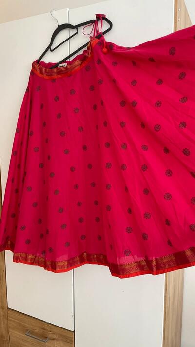 FabIndia Pink Cotton Maxi Skirt · Block Print · Gold Zari Border · Festive Boho