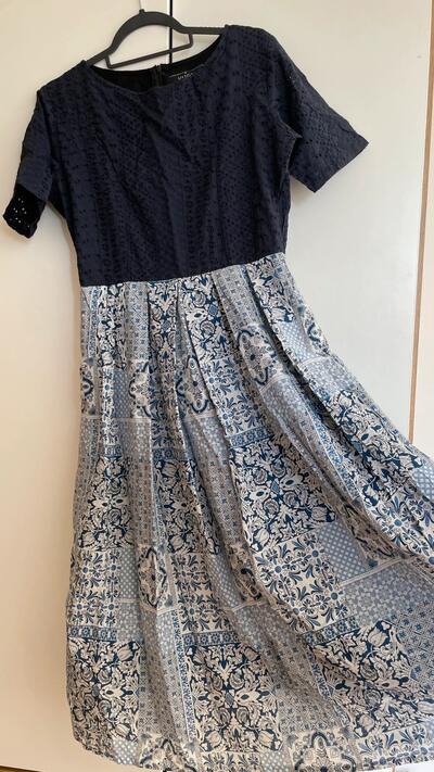 Indian Cotton Midi Dress · Navy Blue Tile Print · Pleated · Size L