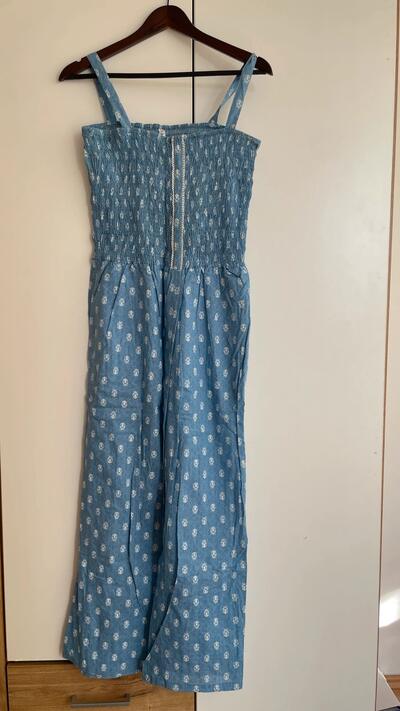 Indian Cotton Jumpsuit · Blue Block Print · Elastic Crochet Bodice · Summery Boho