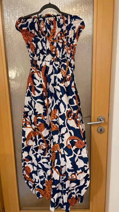 African Print Maxi Dress · Blue White Gold · Strapless Shirred · Nigerian Cotton